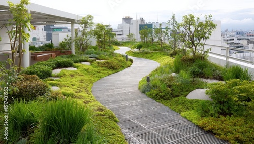Urban rooftop garden walkway