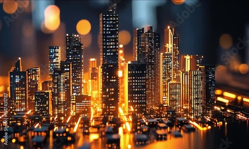 The futuristic cityscape glows under the night sky