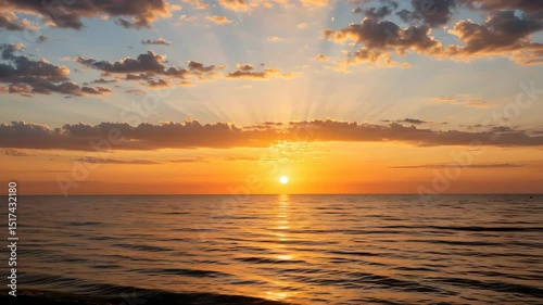 Golden Sunset Over Ocean with Sun Rays Through Clouds Reflecting on Water