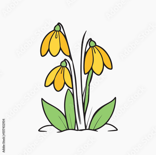 Yellow spring flowers in a simple illustration style growing from the ground. Three blossoms droop gracefully from stems with green leaves, set against a white background.