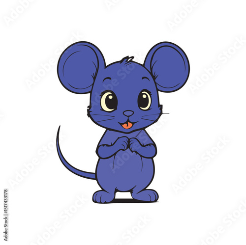 Adorable blue cartoon mouse standing, hands clasped, against a plain white background. Cute mouse character with large eyes and a cheerful expression for children's media.