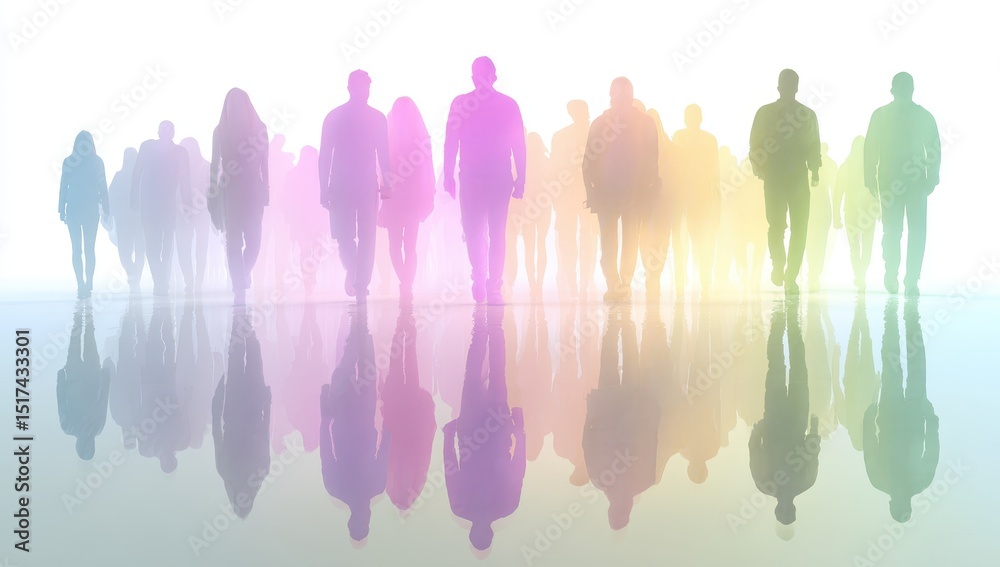 Obraz premium Colorful silhouettes of people walking, reflected