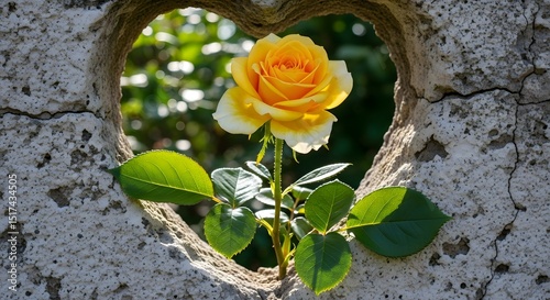 Yellow Rose in Heart-Shaped Stone Wall: A Symbol of Love and Beauty