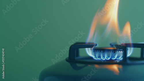 green background of burning gas on a kitchen stove, a burner with a gas flame