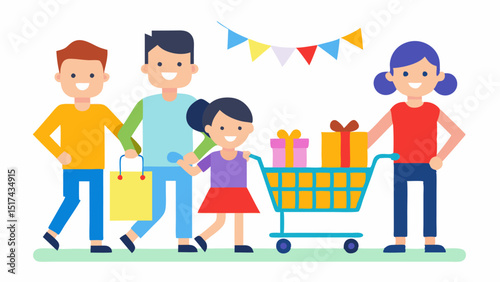 A cheerful family of four including two parents and their children smiles broadly while pushing a shopping cart filled with colorful packages and toys. Bright sale banners hang