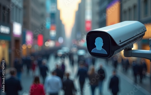 CCTV AI Facial Recognition Camera Zoom in Recognizes Person. Elevated Security Camera Surveillance Footage Face Scanning of a Crowd of People Walking on Busy Urban City Streets. Big Data Analysis