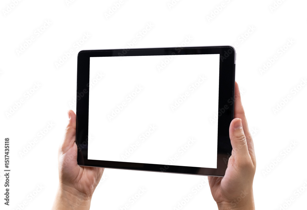 Hand holding digital tablet with blank screen isolated on white background Hand holding digital tablet with blank screen isolated on white background