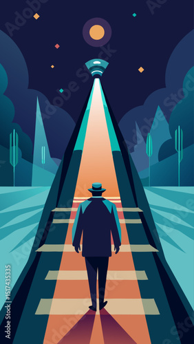 Surreal Night Journey. A Figure Walks Towards a Bright Ufo