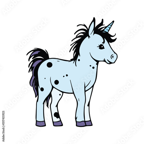 Cute light blue unicorn foal with dark purple spots standing profile view on white background. Adorable children's drawing of a magical animal.
