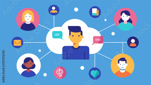 Community Support An engaging illustration depicting a virtual community of users connecting via the app sharing success stories and tips in a chat or forum interface.