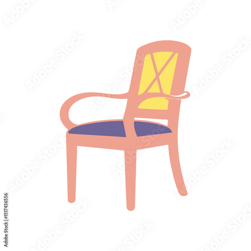 Pastel colored armchair with decorative details in a simple, stylized illustration. Outlined and filled with soft color palettes, in a neutral background.