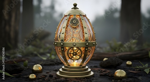Steampunk Clockwork Egg: Golden Gears in a Glass Dome, Fantasy Artifact