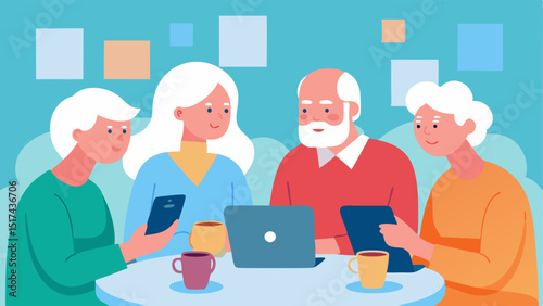 Community Sharing A group of elderly friends gathered around a table in a café each with their devices sharing screenshots of the best deals theyve found online.