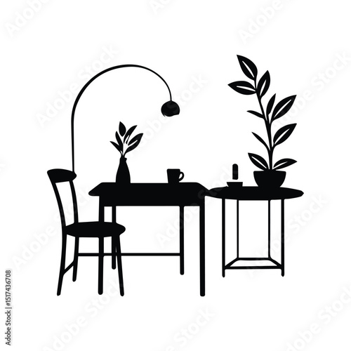 Stylish dining area with modern minimalist decor. Silhouette of a simple table and chair arrangement with decorative plants and lighting in a cozy room.