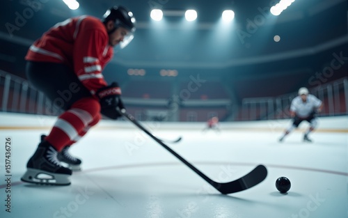Ice Hockey Rink Arena: Professional Player Shooting the Puck with Hockey Stick. Focus on 3D Flying Puck with Blur Motion Effect. Dramatic Wide Shot, Cinematic Lighting. High quality