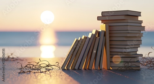 Stack of Books on a Beach at Sunset: A Tranquil Scene for Learning and Relaxation