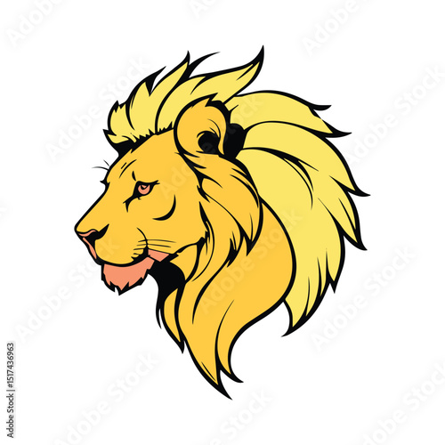 Lion head profile in bold yellow graphic design. Side view profile of a lion head with mane against a plain white background. Animal graphic design for logo or branding.