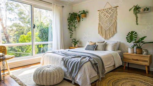 Bright bedroom with macrame wall hanging and plants, bedroom, bright, sunlight, plants, macrame