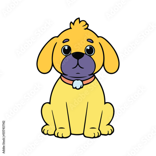 Cute cartoon dog, sitting pose, in a simple, outlined style. Adorable yellow pup with a purple nose and a peach collar.