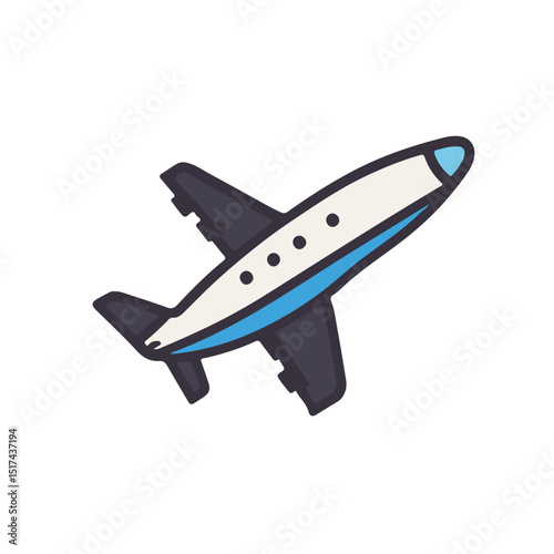 Airplane in flight with simple line art style. A stylized depiction of a commercial airplane in a flight posture against a plain white background.