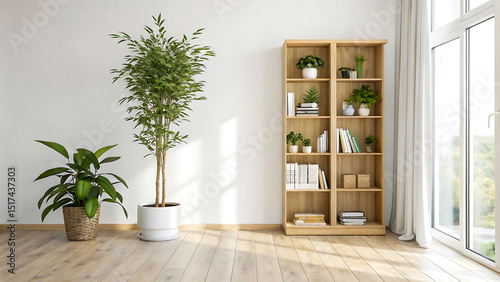 Modern living room with plants and bookshelf, living, room, modern, minimalist, interior, design,