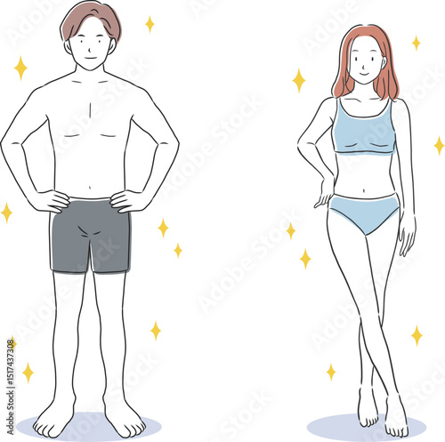 ダイエットに成功した男性と女性の全身イラスト素材