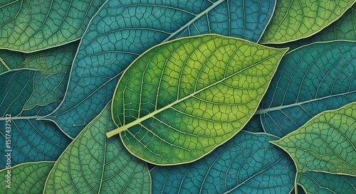 Detailed Close-Up of Green and Teal Leaf Textures: A Vibrant Botanical Background