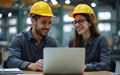 Male and Female Industrial Engineers in Hard Hats Discuss New Project while Using Laptop. They Make Showing Gestures.They Work in a Heavy Industry Manufacturing Factory. High quality
