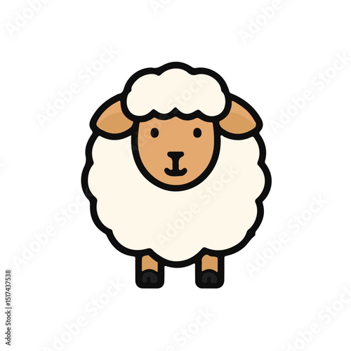 Cute sheep illustration in a front view. Simple line art design with light cream colored fleece and brown facial features.