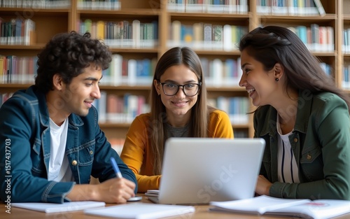 University Library: Diverse Group of Gifted Students Have Discussion, use Laptop, Prepare for Exams Together, Helping, Researching Subjects for Paper Assignment. Happy Young People Study for Future