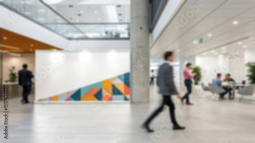 Modern office lobby with abstract geometric wall art, office, lobby, modern, contemporary, geometric