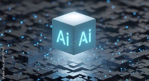 Glowing AI Cube on Abstract Tech Background: Artificial Intelligence Concept