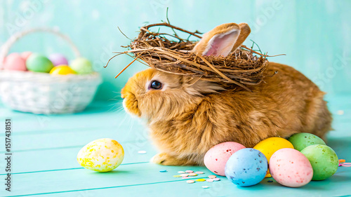 Cute fluffy bunny with easter eggs and nest, easter, bunny, rabbit, eggs, spring, holiday, cute