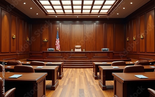 Empty American Style Courtroom. Supreme Court of Law and Justice Trial Stand. Courthouse Before Civil Case Hearing Starts. Grand Wooden Interior with Judge's Bench, Defendant's and Plaintiff's Tables.