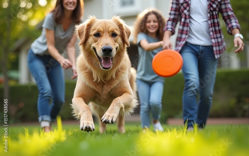 Smiling Beautiful Family of Four Play Fetch flying disc with Happy Golden Retriever Dog on the Backyard Lawn. Idyllic Family Has Fun with Loyal Pedigree Dog Outdoors in Summer House Backyard