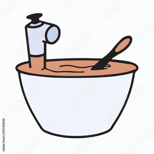 Cartoon bowl of liquid with a spout and spoon, simple and abstract food illustration. A whimsical, child-friendly representation of food preparation.