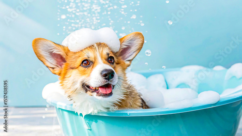 Happy corgi puppy taking a bubble bath, corgi, puppy, dog, bath, bubble, shampoo, soap, water, foam