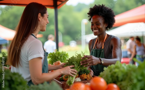 Beautiful Female Customer Buying Sustainable Organic Vegetables From a Joyful Black Female Farmer on a Sunny Summer Day. Successful Street Vendor Managing a Farm Stall at an Outdoors Eco Market