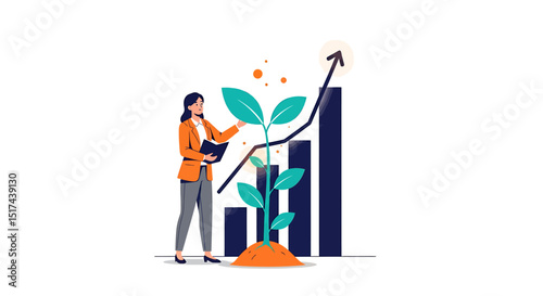 Businesswoman Observing Growth Chart and Plant