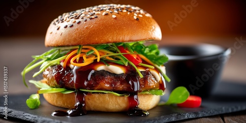 Teriyaki chicken burger with sauce, carrot, lettuce, and sesame bun