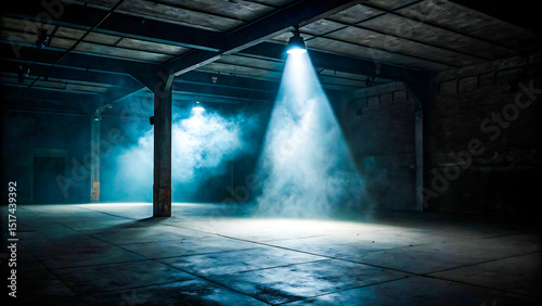 Dark industrial warehouse with spotlights and fog, warehouse, industrial, dark, fog, smoke, spotlights