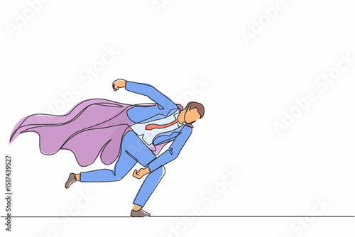 Single continuous line drawing superhero businessman punching breaking through problem. Elimination obstacles. Motivation to win, reliable leadership. One line draw graphic design vector illustration