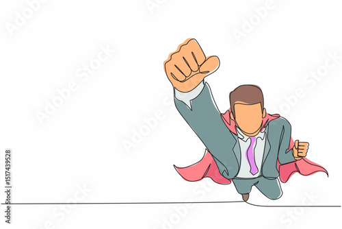Single continuous line drawing superhero businessman wearing cape. Manager leader flying up with stretched arm clenched fist. Super businessman fly forward. One line draw design vector illustration