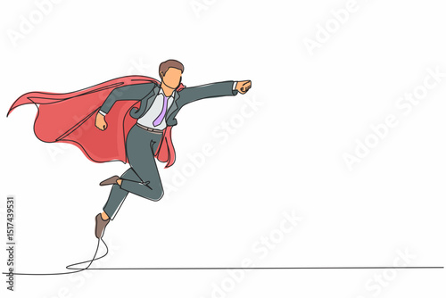 Continuous one line drawing super businessman punches pose, employee superhero flying, business concept power, success and overcome difficulties. Single line draw design vector graphic illustration