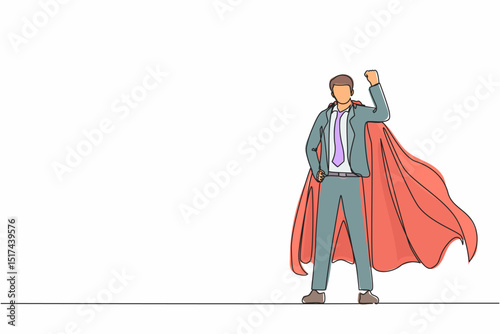 Single continuous line drawing superhero strong showing muscle. Superhero officer in action. Businessman character superhero. Office employees. Dynamic one line draw graphic design vector illustration