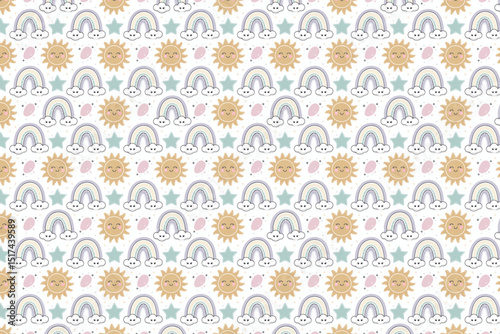 Cute Summer Rainbow and Sun Seamless Pattern with Clouds and Stars