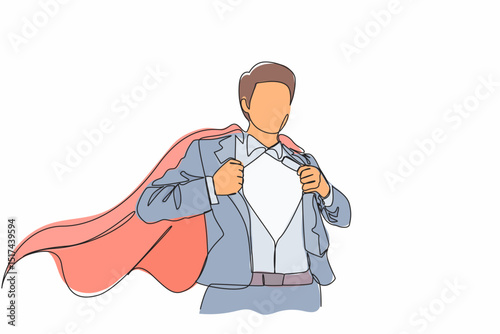 Single one line drawing handsome young man in business suit wearing tie with shirt. Successful businessman. Hero, ripping off his shirt. Modern continuous line draw design graphic vector illustration