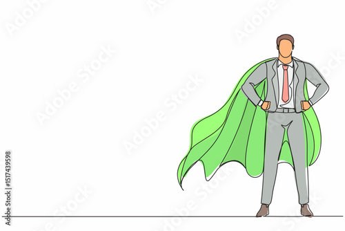 Single one line drawing businessman wearing superhero cloak. Full length of businessman dressed as superhero. Successful businessman superhero in cloak. Continuous line draw design graphic vector