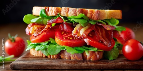 Crispy BLT sandwich stacked with bacon, lettuce, tomato and bread
