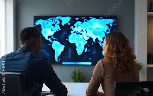 Back View Of Black Male Analyst Talking To Caucasian Female Manager In Front Of Big Digital Screen With World Map In Monitoring Office. Diverse Employees Working Behind Computers In Logistics Company.